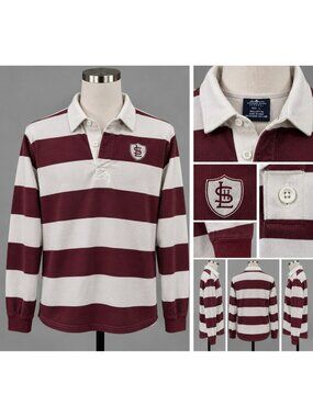 Vintage Charles River Apparel Rugby Shirt Mens Large Red White Stripe Varsity